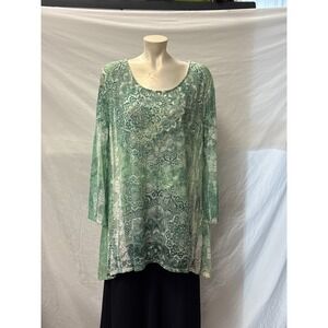 Womens Lace Tunic L-XL Long Sleeve Green Paisley Floral Embellished Pullover